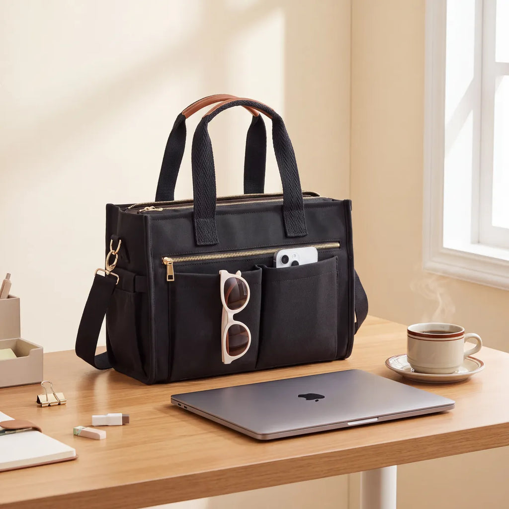 Die Organizer-Tasche auf einem Schreibtisch, daneben Laptop und Kaffeetasse, Sonnenbrille und Telefon in den Außenfächern