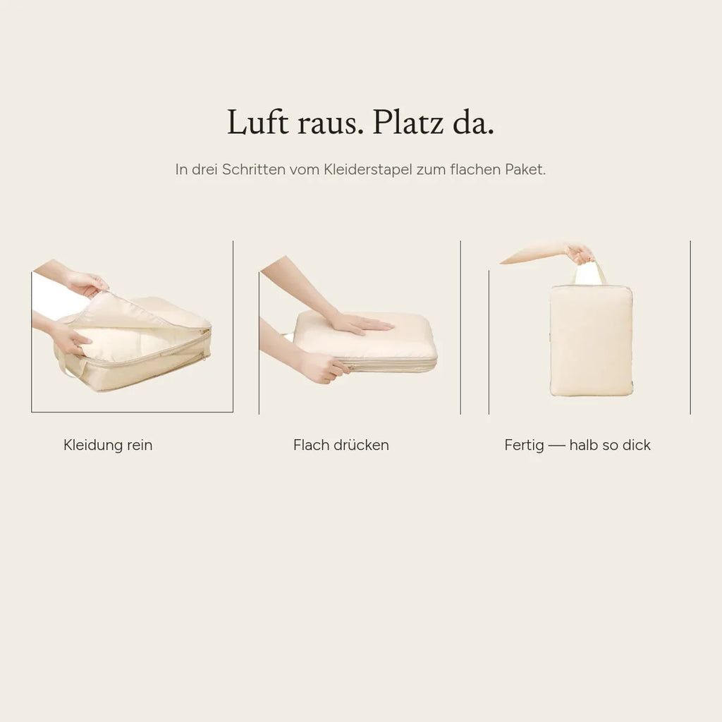 In drei Schritten vom Kleiderstapel zum flachen Paket: Kleidung rein, flach drücken, fertig