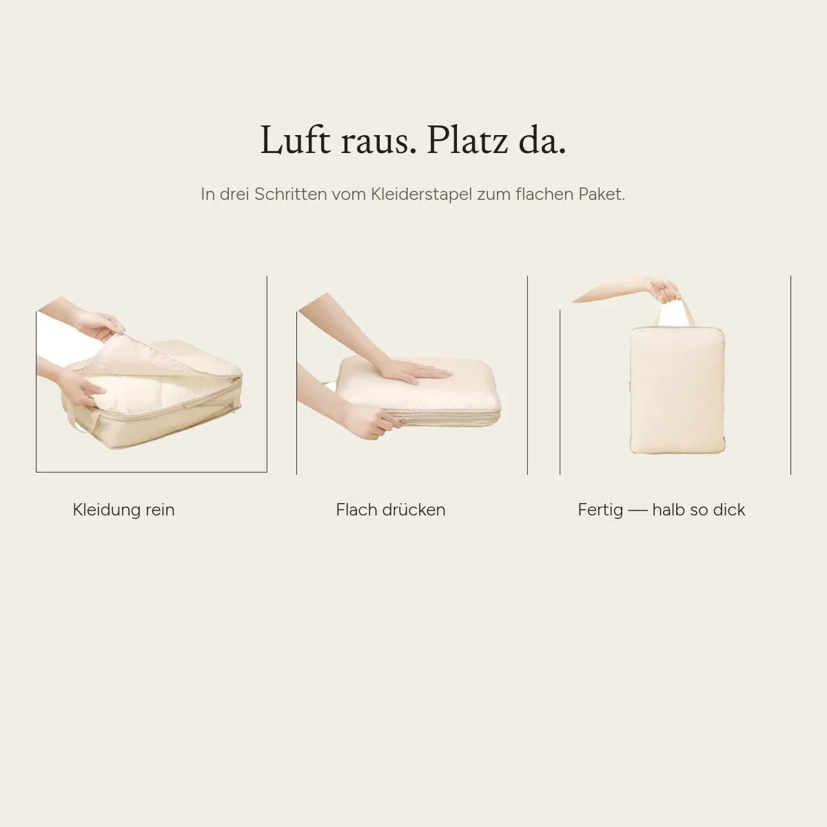 In drei Schritten vom Kleiderstapel zum flachen Paket: Kleidung rein, flach drücken, fertig